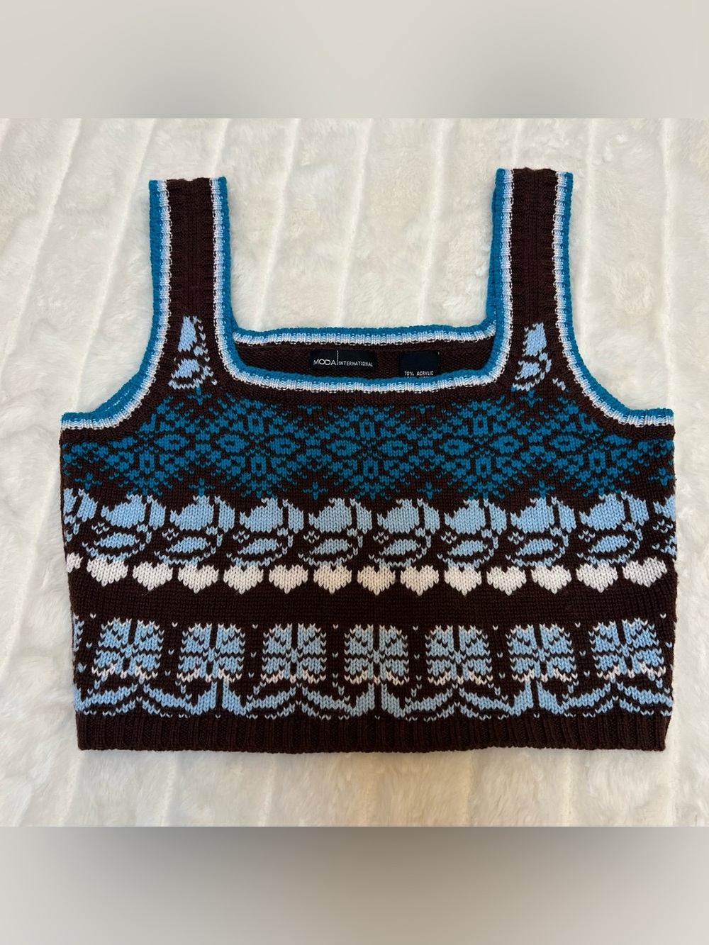 Y2K 2000 Women XS Sweater Tank Top Vest Fair Isle Brown Blue Stretch MODA Preppy